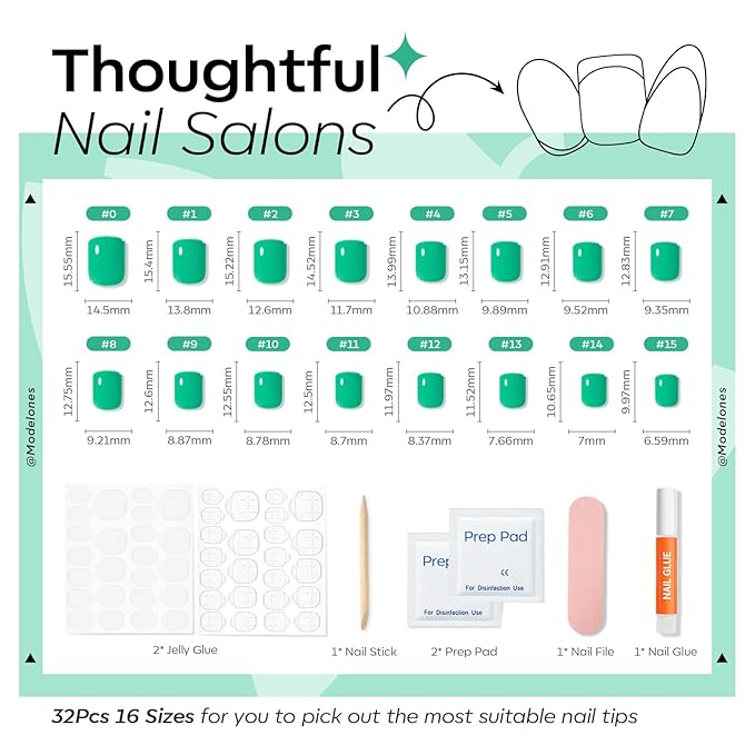 Modelones Extra Short Press on Nails, Vivid Green Squoval Fake Nails, Reusable Nail Kit with Nail Glue Adhesive Tabs Mini Nail File, Nails Press Ons 32Pcs 16 Sizes, Spring Women Girl Gift