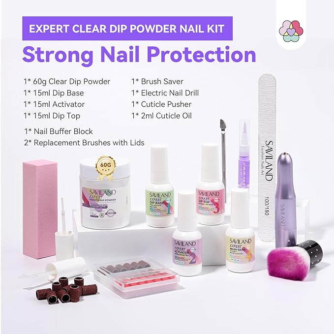 SAVILAND Clear Dip Powder Nail Kit with Electric Nail Drill: 60g/2.1oz Clear Dipping Powder for Nails with Dip Nail Liquid Set Base Activator and Top Coat Brush Saver Builder Repair Kit Home Manicure