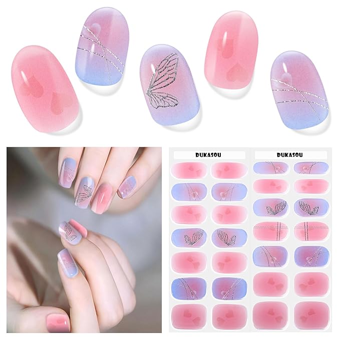 Semi Cured Gel Nail Strips, 28 pcs Gel Nail Stickers Work with Any UV Lights, Long-Lasting Nail Wraps, Stick on Nails for women Easy to Apply & Remove