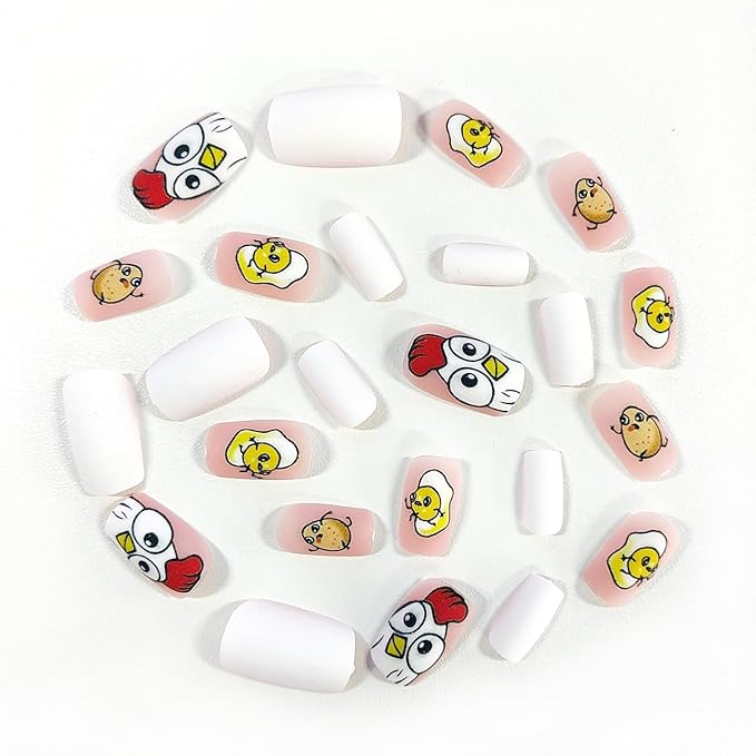 24 Pcs Easter Press on Nails Short Square Fake Nails Cartoon Yellow Cute Chick Designs Easter Matte False Nails Full Cover Stick on Nails for Women Girls Easter Spring Party Nails Art Decorations