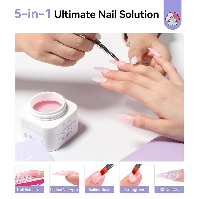 SAVILAND Ultra Hard Builder Nail Gel: Sheer Pink 5-IN-1 120 g Hard Gel Builder for Nails Vitamin E Castor Oil Builder Base Extension Strengthen Thickening 30-Days Salon DIY