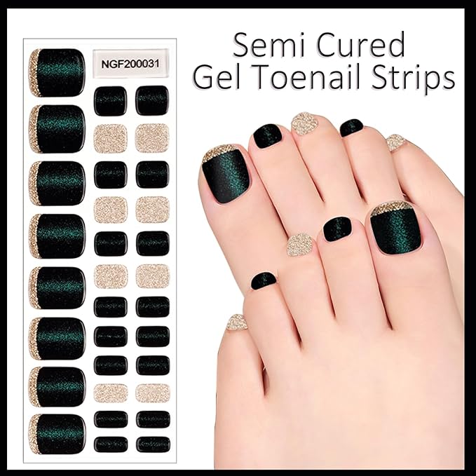 WOKOTO Semi Cured Gel Nail Strips For Toenails, 16 SIZE 32 TIPS Black & Blue Cat Eye Design Toe Nail Polish Strips With Nail File & Wooden Stick, Works With Lamps, Salon-Quality, Long Lasting