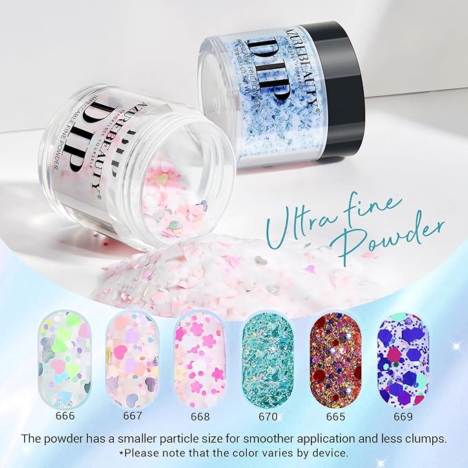 AZUREBEAUTY Dip Powder Nail Set, 6 Colors with Glitter in Pink and Aqua Blue, Light Dark Tones, No Lamp Needed, All Seasons, Dipping Powder Starter Kit for Manicure and Salon Use