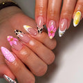 Almond Press on Nails Long Fake Nails Pink Artificial Nail Flowers Leopard Gold Charm Stick on Nail for Women 24pcs