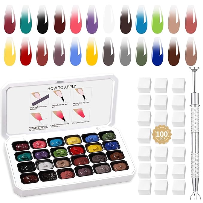 24 Colors Ombre Gel Nail Polish Set,Ombre Pigment for Nails,Gradient Painting Blooming Gel with 100Pcs Nail Sponges for 3D Gels Nail Art can be Painted in Salon or Home Use