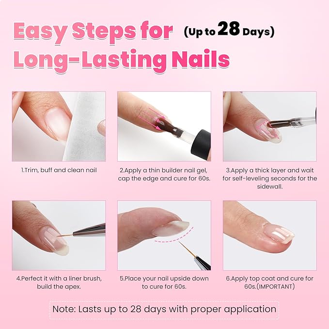 BQAN HEMA-Free Builder Gel, 7-in-1 Self-Leveling Nail Extension Gel with Base/Apex/Strengthener, Low Odor UV/LED Lamp Cured, 2Pcs Professional Nail Building System for Salon & Home (Clear & Nude Pink)