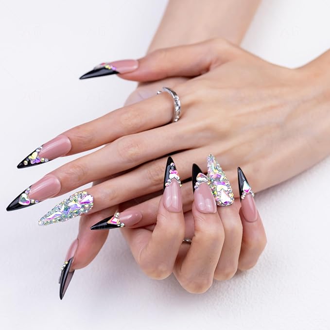 10 Pieces Handmade Long Almond Press On Nails, Black Thickened French False Nails With Rhinestone Decorate, Reusable Fake Nails Almond, Reusable Acrylic Nails (L)