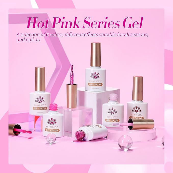 Born Pretty Neon Hot Pink Valentine's Day Gel Nail Polish,Natural Soft Light to Dark Glitter Sparkle Gel Polish Soak Off U v LED Nail Art Manicue Kit DIY at Home or Manicure Salon 6PCS