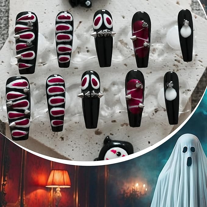 Snake Press on Nails Long Coffin Y2K Edgy Design - 3D Metal Studs Charms Punk Goth False Nails, Reusable False Nails for Halloween, Parties (Snake Skin,M)