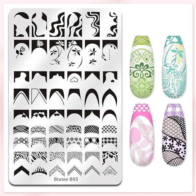 Biutee Nail Stamping Plates 2Pcs French Tip Stamp Plate 110 Patterns Nail Stamping Kit With Silicone Stamper Scraper Large Lace Line Flower Nail Art Stamping Template Holiday Gift for Women