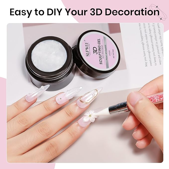 3D Nail Gel Art Pearl White,Solid Gel for Nails Art Non-Sticky Molding Nails for Extension Carving Home DIY Manicure with Nail Art Pen DIY at home