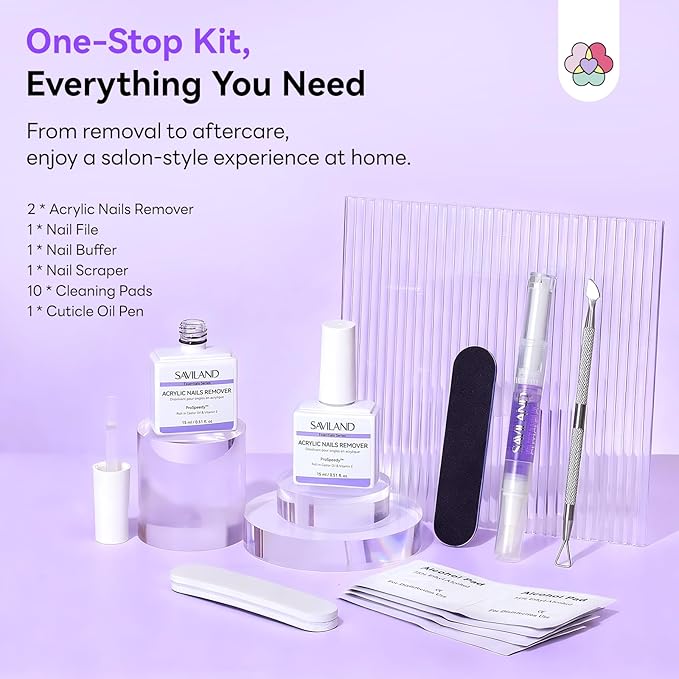SAVILAND Acrylic Nail Remover Kit 2 Pcs: Powerful Rapid Dissolution Acrylic Remover with Cuticle Oil & Nail File Tools, No Soaking No Wrapping, Gentle Professional Set for Home Use