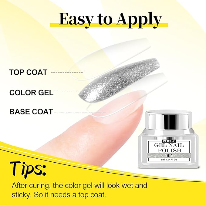 NXJ INFILILA Silver Glitter Gel Nail Polish, Reflective Shimmer Silver Gel Liner for Nail Art, Holographic Sparkle Long-lasting Color Soak Off UV Lamp Cured Gels for Art Manicure Salon DIY at Home B01
