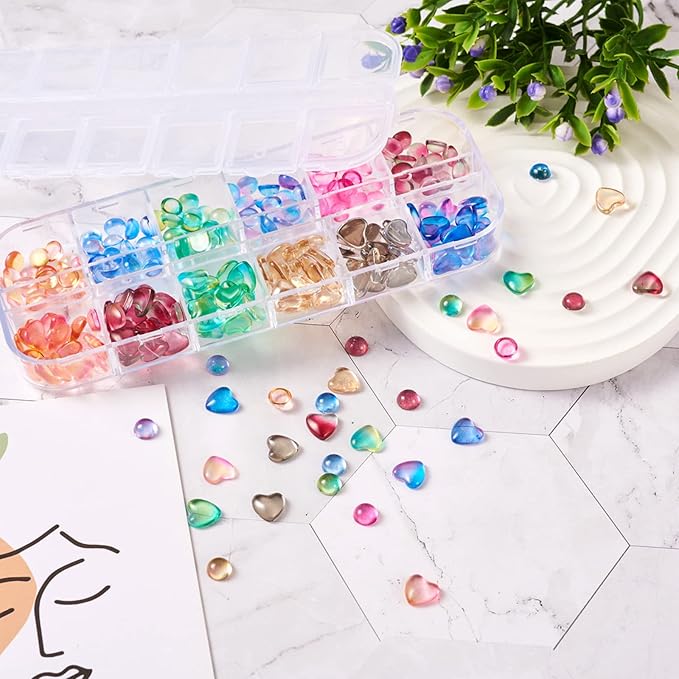 FASHEWELRY 240Pcs/Bag 3D Glass AB Color Nail Art Decoration Heart and Round Glass Cabochons Nail Art Studs for DIY Nail Art Decoration