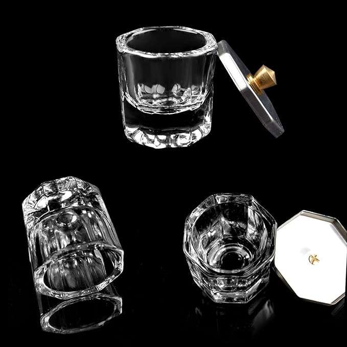 Kalolary 2Pcs Nail Art Dappen Dish with 6Pcs Acrylic Nail Brush Set, Mini Glass Cup with Lid, UV Gel DIY Brush Set, Acrylic Liquid Powder Styling Tool(Black Brush)