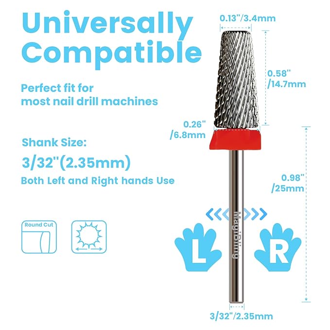 6.6mm Large Tapered Barrel 5-in-1 Nail Drill Bit, 3/32" Safety Cross-Cut Tungsten Carbide Efile Bit for Fast Gel & Acrylic Removal, Two-Way Rotation, Professional Nail Tech & Beginner Bit, Fine.