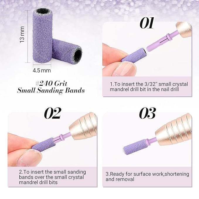 MelodySusie 50 Pcs Nail Drill Bits Small Sanding Bands with 3.1mm Mandrel Bit, 240 Extreme Fine Grit Nail File for Acrylic Nails Gel Manicures and Pedicure, Purple