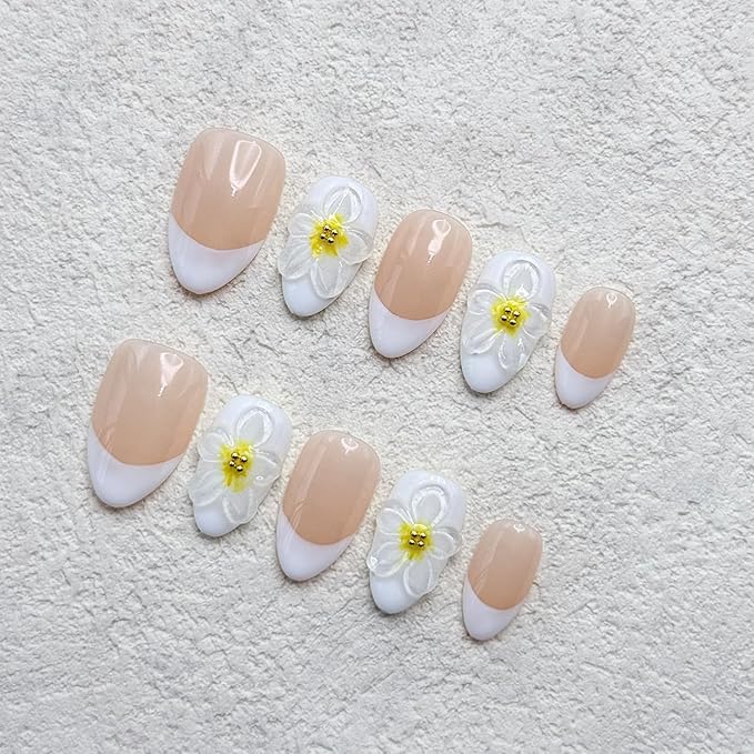 10 Pcs Luxury Handmade Nails with Glue, Almond Press on Nails Short French False Nails with 5D Flower Art Designs Handmade Nail Muti-Layer Gel Thick False Nails for Women(Size S)