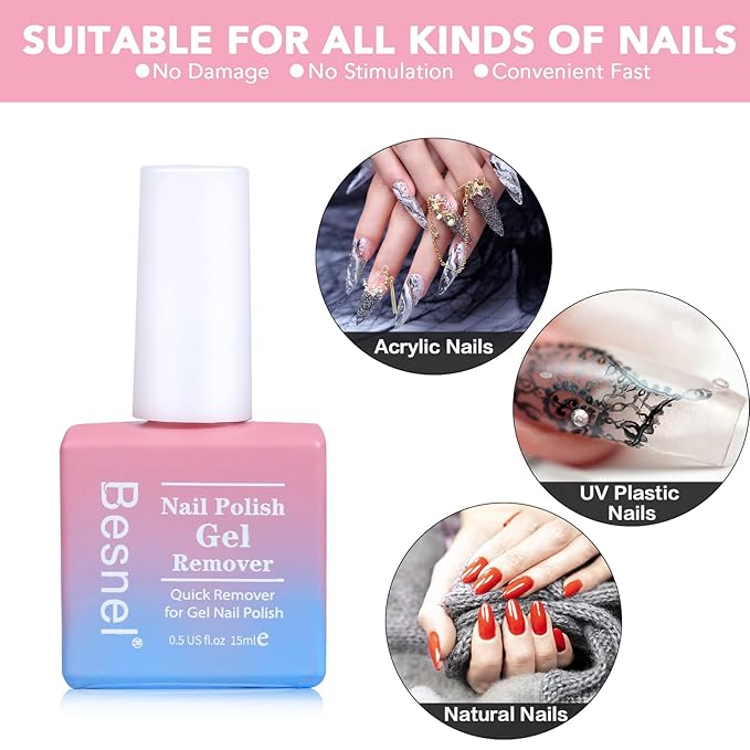 Gel Nail Polish Remover 3 Pack Professional Gel Polish Remover Non-Irritating Quick Easy,Gel Remover Tools Kit Nail File Cuticle Pusher Nail File Grit,No Need For Foil Soaking Or Wrapping
