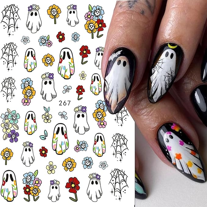 Halloween Nail Stickers for Nail Art Cute Ghost Pumpkin Bat Scary Anime 3D Self-Adhesive Nail Decals Nail Art Supplies Nails Design Manicure Stickers for Nails Decoration 6Sheets