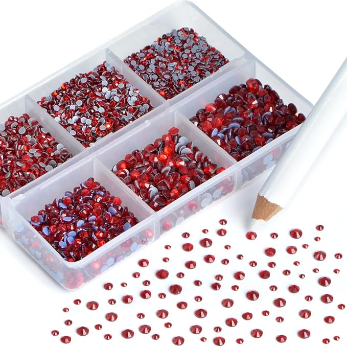 NCB Hotfix Iron on 8000pcs Crystal Rhinestones Round Gem for Crafts Decoration DIY Jewelry Making with a Picking Pen (Siam, 6Sizes SS3-SS12)