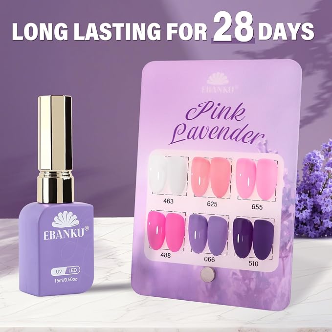 EBANKU 6 Pcs Pink Gel Nail Polish Set, 15ML Same Color Same Bottle Valentine's White Purple Soak Off Gel Nail Polish Kit Nail Art Manicure Gifts for Women