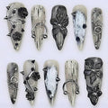 24Pcs Black Handmade Press on Nails Long Stiletto Gothic Fake Nails with 3D Black Rose Metal Piercing Rivets Design Punk Acrylic Nails Y2k Almond False Nails Goth Flower Glue on Nails for Women