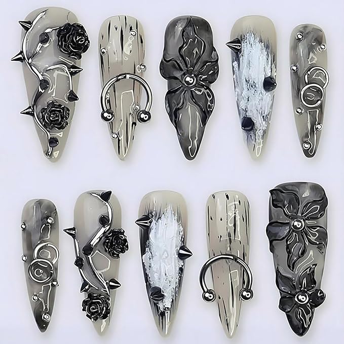 24Pcs Black Handmade Press on Nails Long Stiletto Gothic Fake Nails with 3D Black Rose Metal Piercing Rivets Design Punk Acrylic Nails Y2k Almond False Nails Goth Flower Glue on Nails for Women