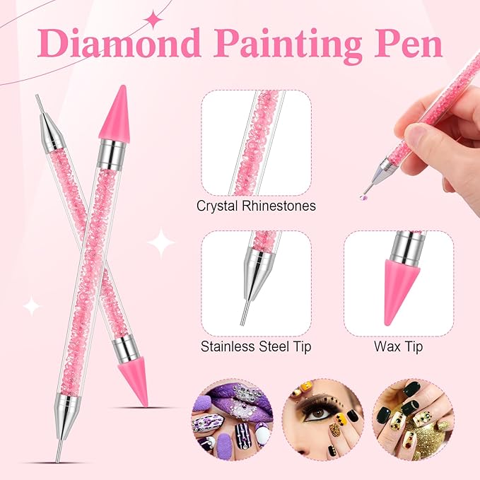 Tatuo Rhinestone Picker Tool Set Wax Pen for Rhinestones Diamond Art Painting Dual Head Dotting Pen with 2 Extra Wax Tips and 1 Nail Art Tweezer for Nail Art DIY Crafts(Pink)