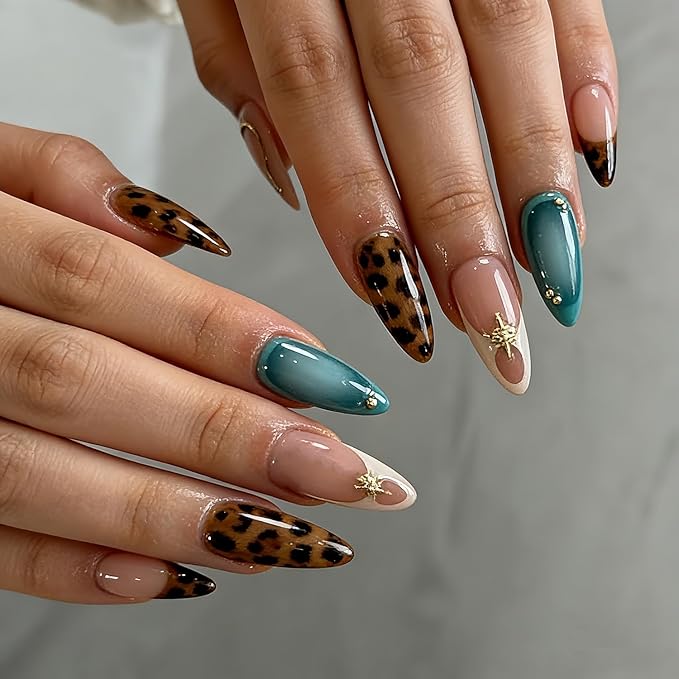 Press On Nails Medium Almond MABKJLF French Tip False Nails with Designs Leopard Print Cheetah Print Embossed Swirl Glossy Glue on Acrylic Nails for Women Girls 24 Pcs