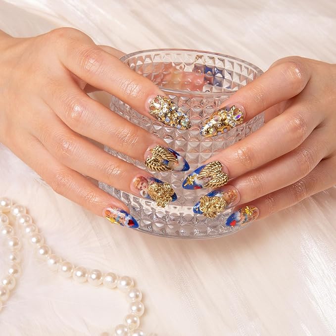LOVFUL Press on Nails The Palace of Murals Blue French Tip | Handmade with Full Covered Crystals | Reusable Fake Nails | Almond Regular 1.0 in | H174-S