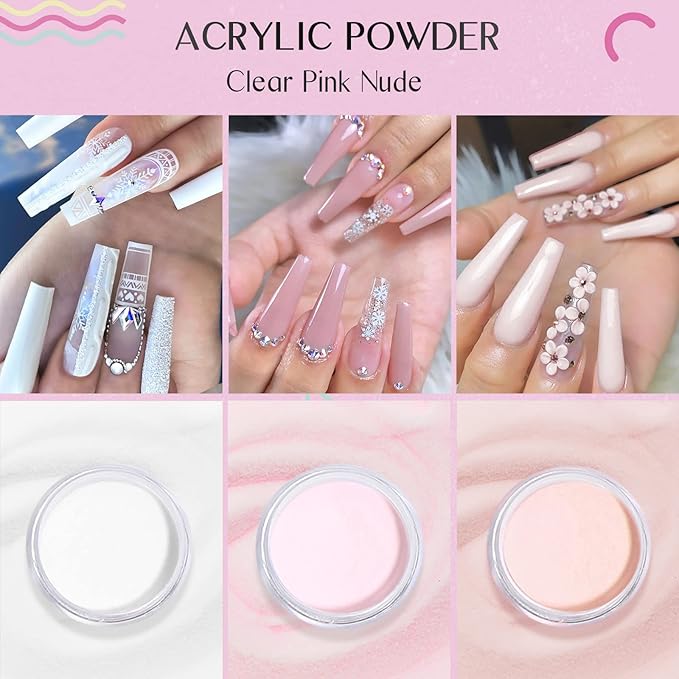Saviland Acrylic Nail Starter Kit: Clear Pink Nude Acrylic Powder & Liquid, Brush, Files, Forms, Press On Nails, Home Practice Set