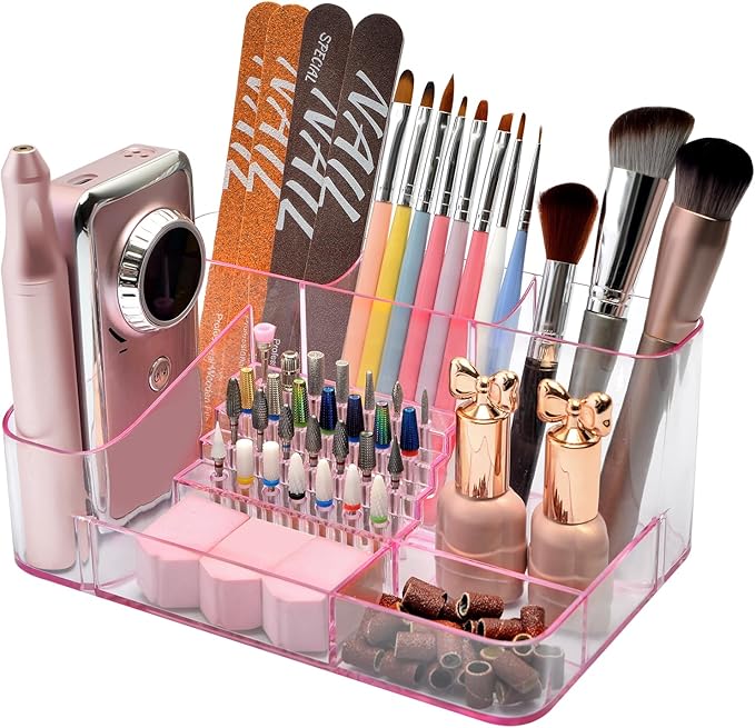 ANRUI Nail Drill Holder, 28 Holes Acrylic Nail Drill Bit Holder, Professional Nail Drill Desk Organizer Case and Storage Box for Manicure Tools - Pink (Not included Tools)