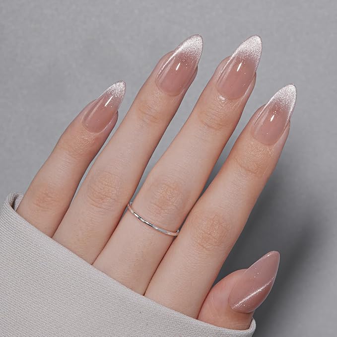 VSALON Press On Nails Almond, 32 Pcs 16 Sizes Cat Eye Press On Nails French Tip Nude Medium Sparkly Fake Nails With UV Glue Reusable Stick On Nails Semi-transparent Valentines Gift For Women