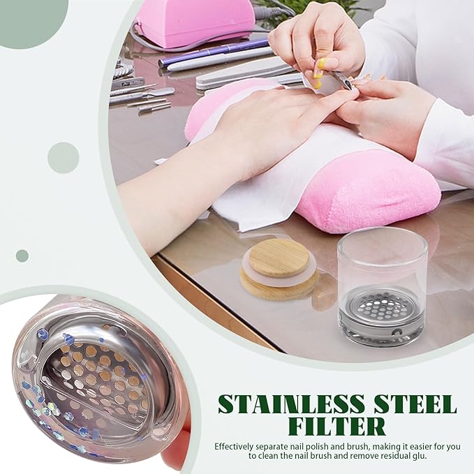 Diakey 4 Pack Acrylic Nail Brush Cleaner Dappen Dish with Lid, Mesh Layered Nail Art Brush Monomer Liquid Wash Cup Glass Removal Jar for Sequins Glitter Powder, 2.2in High