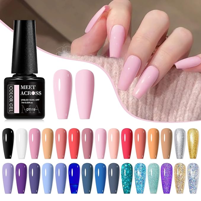 MEET ACROSS 30pcs Gel Nail Polish Set, 30 Colors Gel Polish All Seasons Nude Pink Blue Glitter Gold Silver Black White Nails Art Kit DIY Salon at Home