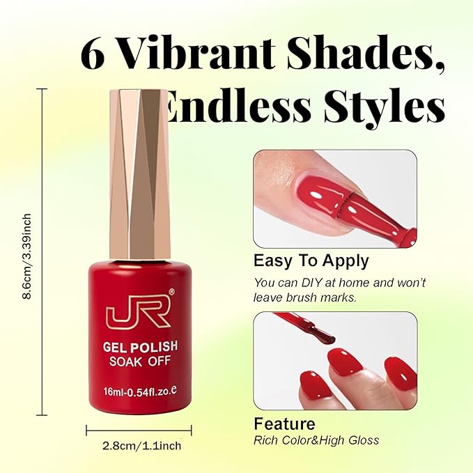 JR Jelly Gel Nail Polish Set, 16ml Full Size Bottle 6 Colors Jelly Yellow Blue Green Silver 9D Cateye Nail Gel Polish Gift Soak Off Led Nail Art Kit Salon DIY Colorful Bottle D