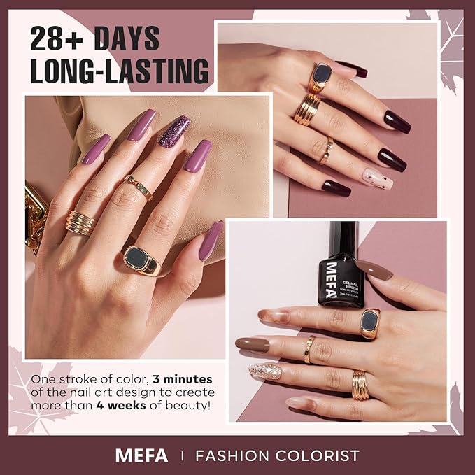 MEFA Fall Gel Nail Polish Set, 12 Colors Burgundy Red Nail Polish Set Champagne Gold Glitter Nail Polish Gel Soak Off Dark Red Purple Shimmer Nude Brown Manicure Gifts for Women Girl DIY Salon Home