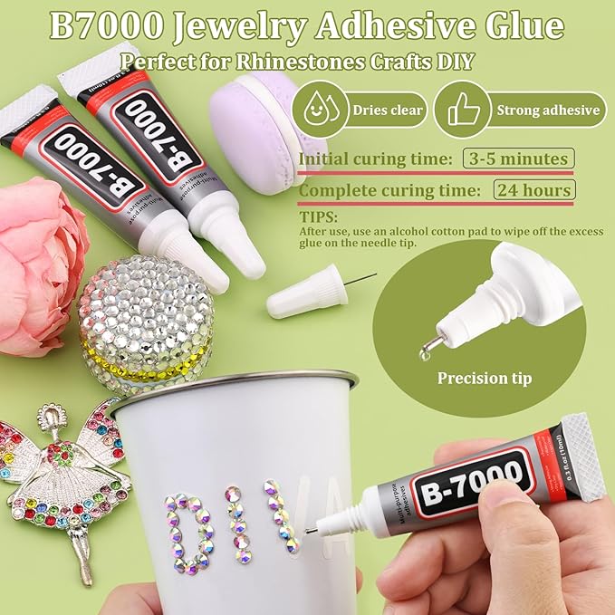 2000PCS SS12/3mm Crystal Rhinestones (Crystal AB) with 2Pcs 10ml B7000 Jewelry Glue, Bedazzling Flatback Glass Rhinestones for Crafting, Gems Diomand Charms for Tumbler Shoes Clothing Mugs Nail Art