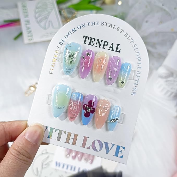 Spring Summer Bright Colorful Press on Nails Almond Acrylic Nails Press Ons with Hand-painted Designs Butterfly Stars Flower Full Cover Glossy Glue on Nails 10pcs/box Cute Almond Nails(S)