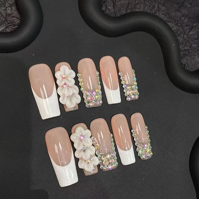 Handmade Press on Nails Medium Square Fake Nails White French False Nails Rhinestone Cute 3D Flower Full Cover Stick on Nails Handmade for Girls Manicure Art Decoration Accessories (Size S)