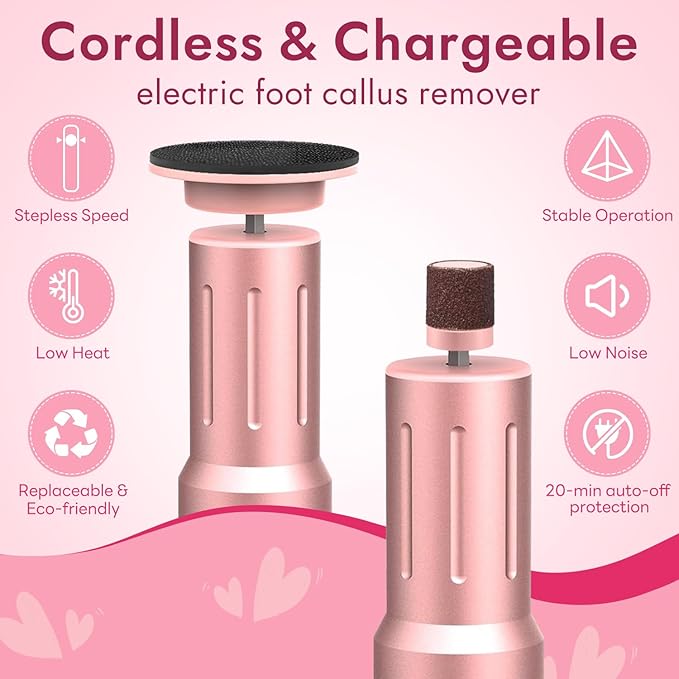 JINYAWA Electric Foot Callus Remover - 2-in-1 Rechargeable Cordless Foot File with LCD Display & 6 Speeds - Professional Foot Sander for Dead Skin, Thick Nails, Heels and Soles (Pink)
