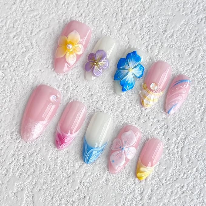 Luxury Press on Nails Medium Almond Handmade 3D Unique Reusable ABS Material Fake Nails French Tip False Nails with Designs Hawaii Plumeria Art Petal Glossy Glue on Nails Thick Acrylic Nails(M)