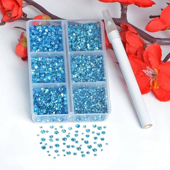 Bymitel Hotfix Crystal Rhinestones Round Gems for Crafts,Mixed 6 Sizes with Wax Pencil Kit, Aquamarine1.3-3.2mm(SS3-SS12/8000pcs)