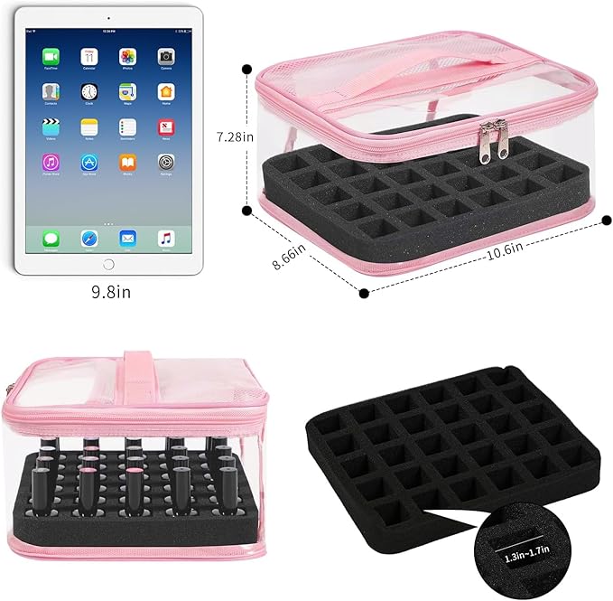 Beloving Clear Nail Polish Organizer Holds 30 Bottles PVC Nail Polish Case See-Through Nail Supplies with Manicure Tools Storage Sections, Portable Travel Nail Tech Carrying Bag for Storage Display
