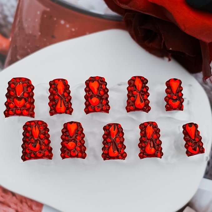 Red Chrome Press on Nails Short Duck, Full Rhinestones Red Heart Fake Nails 3D Luxury Acrylic Duck Nails Thickened False Nails (Crimson Glimmer Enchant,S)