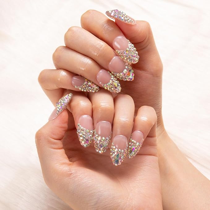 LOVFUL Press on Nails Angel's Tear Rhinestone | Handmade with Full Covered Crystals | Reusable Fake Nails | Almond Regular 1.0 in | H48-M