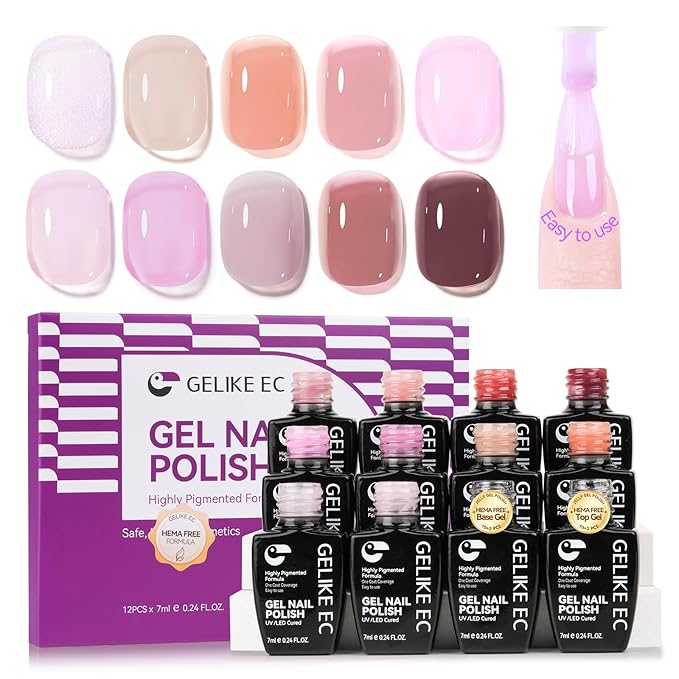 gelike ec Jelly Gel polish Set: 10 Sheer Nail Colors Nude Pink Glitter with Base and Top Coat Hema Free Formula One Coat Coverage Smooth Easy to Use for Natural Nails for Women 18-35 DIY at Home
