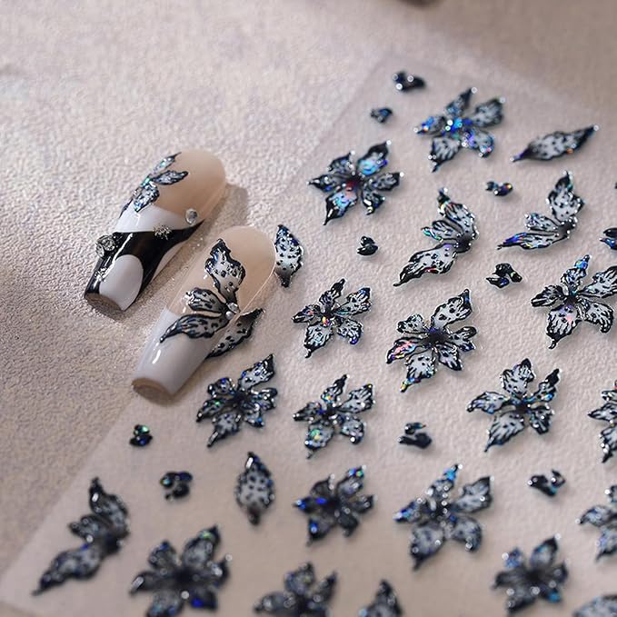 1 Sheets Embossed Flower Nail Stickers For Nail Art Holographic Laser Spring Flowers Nail Decals Black Blue Floral Nail Decor 5D Self-Adhesive Spring Butterfly Nail Art Stickers for Women Nails Design