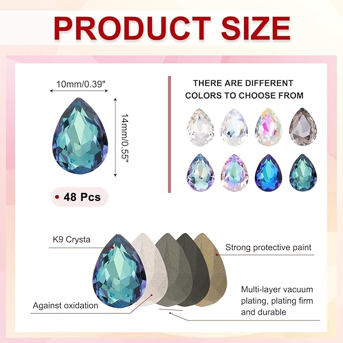 MECCANIXITY 48 Pcs 3D Teardrop Rhinestones Diamond Nail Charm Crystal Pointback K9 Glass Rhinestones Crystal Gems for Jewelry Making, Craft, 10x14mm, Dark Green